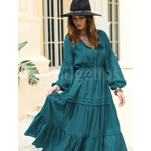 Teal Blue Bohemian Maxi Dress Chiffon Neck Ties Long Sleeve Ruffle Hem Flowy